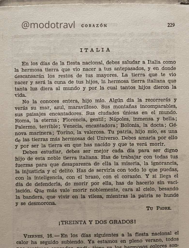 Un pasaje de la obra Corazón, del autor italiano Edmundo de Amicis